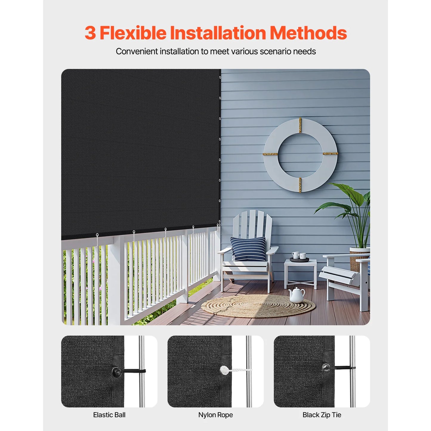 VEVOR Toldo de Sombra 305 x 305 cm Tela Parasol con Ojales de Acero Inoxidable Red de Sombreado HDPE 140 g/m² Tejido de Protección con 30 Bridas para Exteriores, Patios, Jardines, Terrazas, Negro