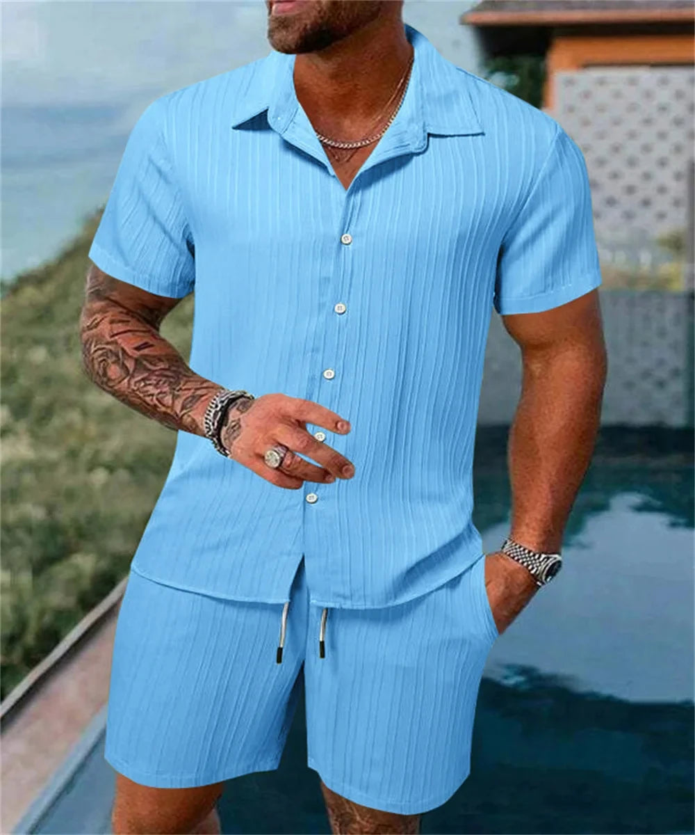 Pantalones cortos sueltos de manga corta para hombre, traje deportivo a rayas, Top informal de Fitness, pantalones cortos de playa, tendencia de moda de verano