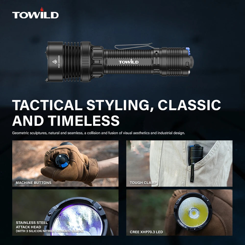 TOWILD BK20 linterna táctica recargable 5100lm linterna Led ultrapotente IPX8 de largo alcance 450m para Camping iluminación exterior