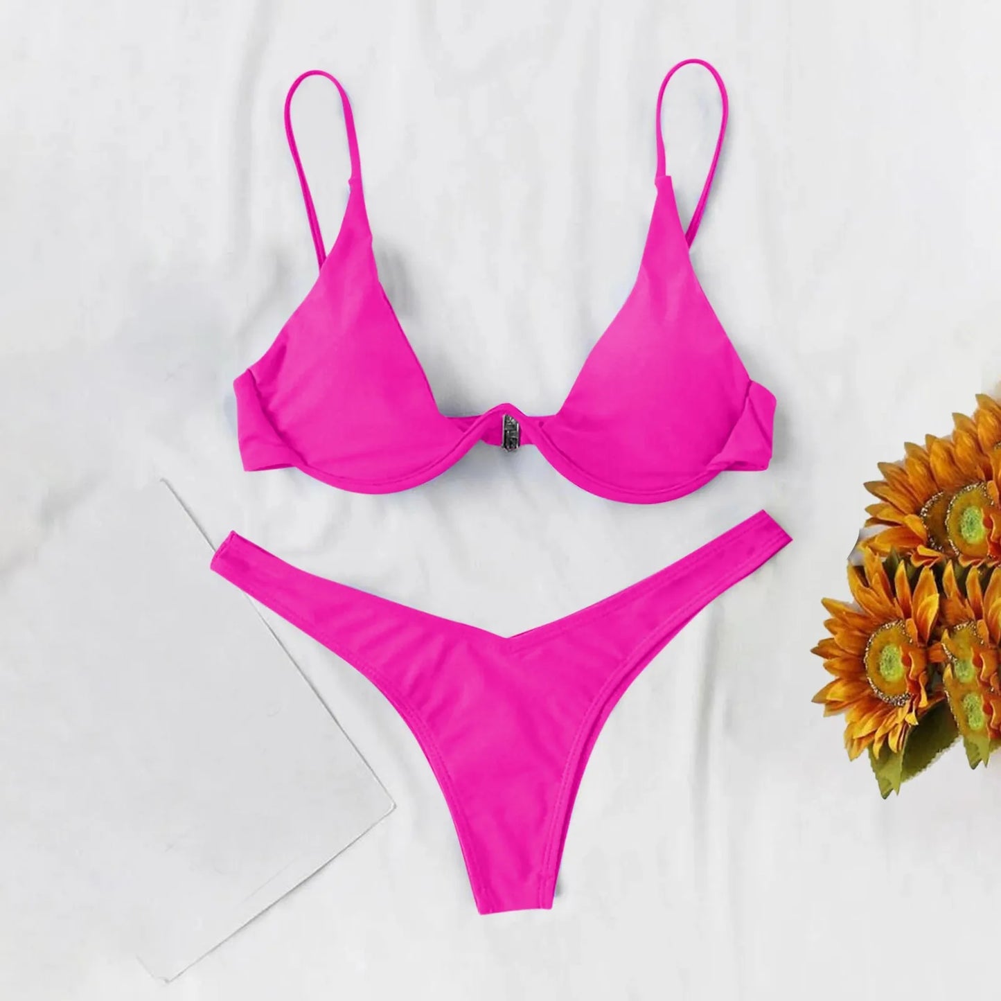 Bikini Sexy con aros para Mujer, traje de baño rojo liso con sujetador de realce, Tanga, traje de baño con cuello Halter y cuello de pico, Mini microtanga 2024