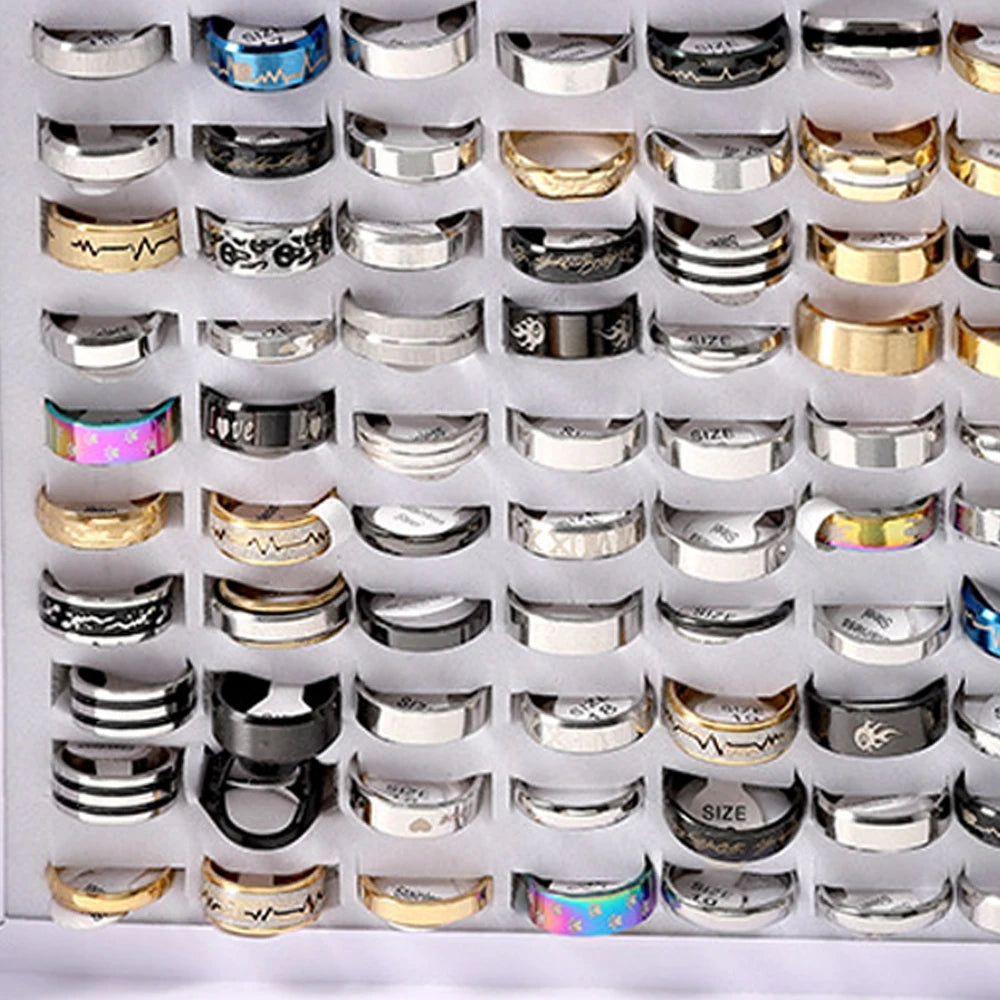 JoyerÃÂa de moda, venta al por mayor, 100 unids/lote, anillos de acero inoxidable, regalo de fiesta, anillos de boda, estilo mixto, anillos para hombre y mujer