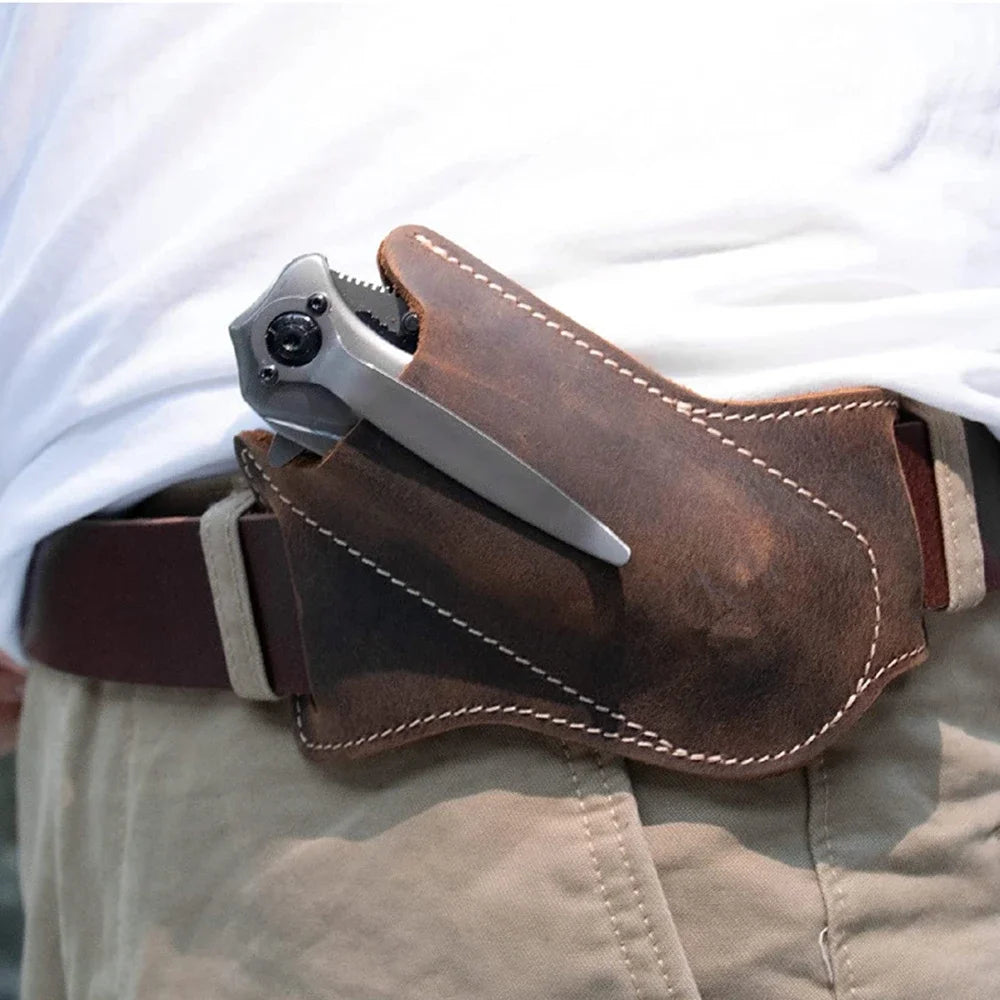 Funda de bolsillo para caza, funda de cuero con soporte para cinturón, funda para linterna, herramienta para cuchillo plegable, transporte para campamento al aire libre