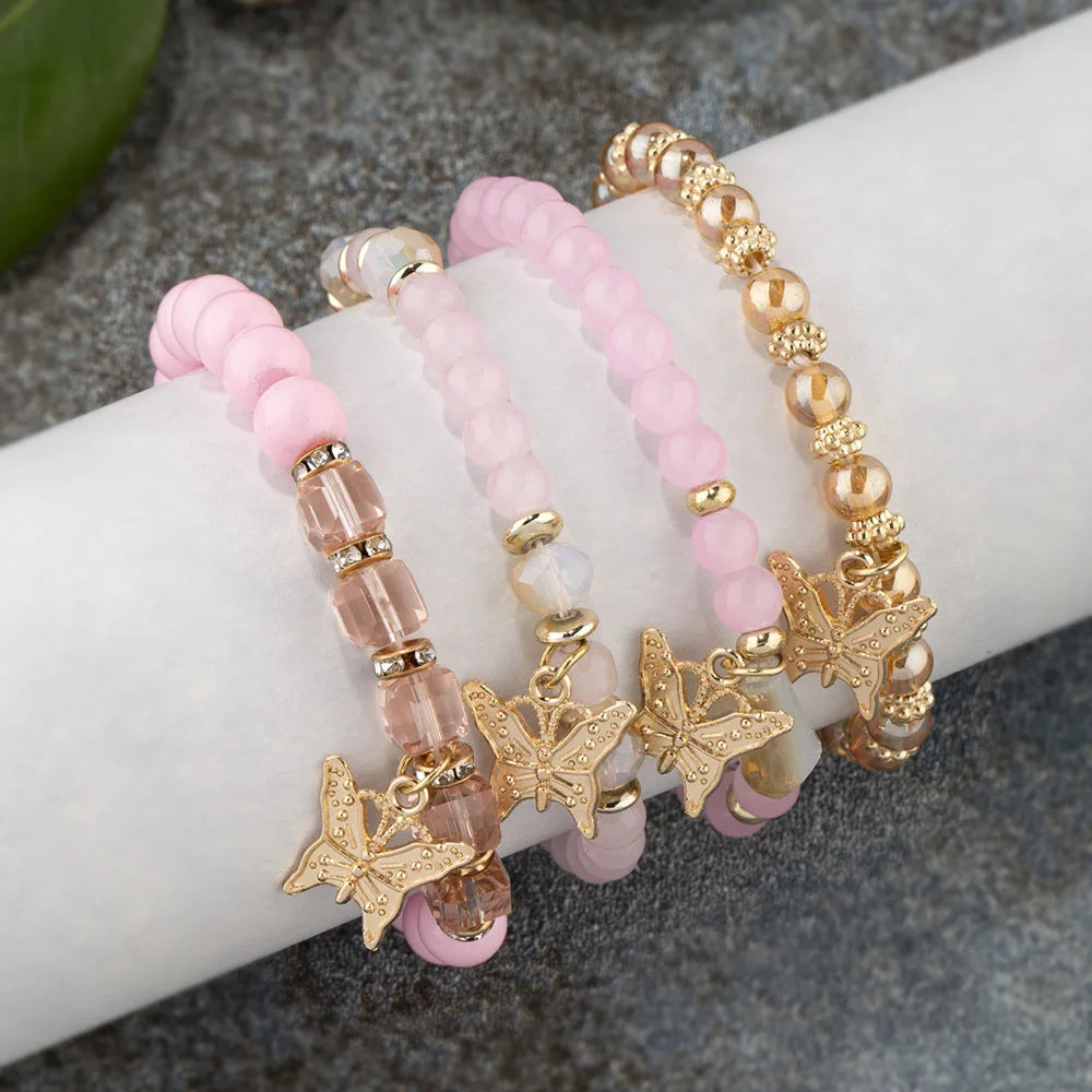 Conjunto de pulsera con cuentas de mariposa para mujer, brazalete de cadena elástica con cuentas acrÃlicas rosas, regalo de joyas de fiesta bohemia, 4 Uds.