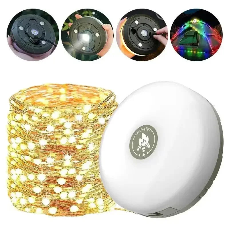 Luz de Camping 4 en 1, guirnalda de luces LED con carrete, lámpara de Camping USB para exteriores, luz LED nocturna reciclable para decoración de tienda de campaña y jardín