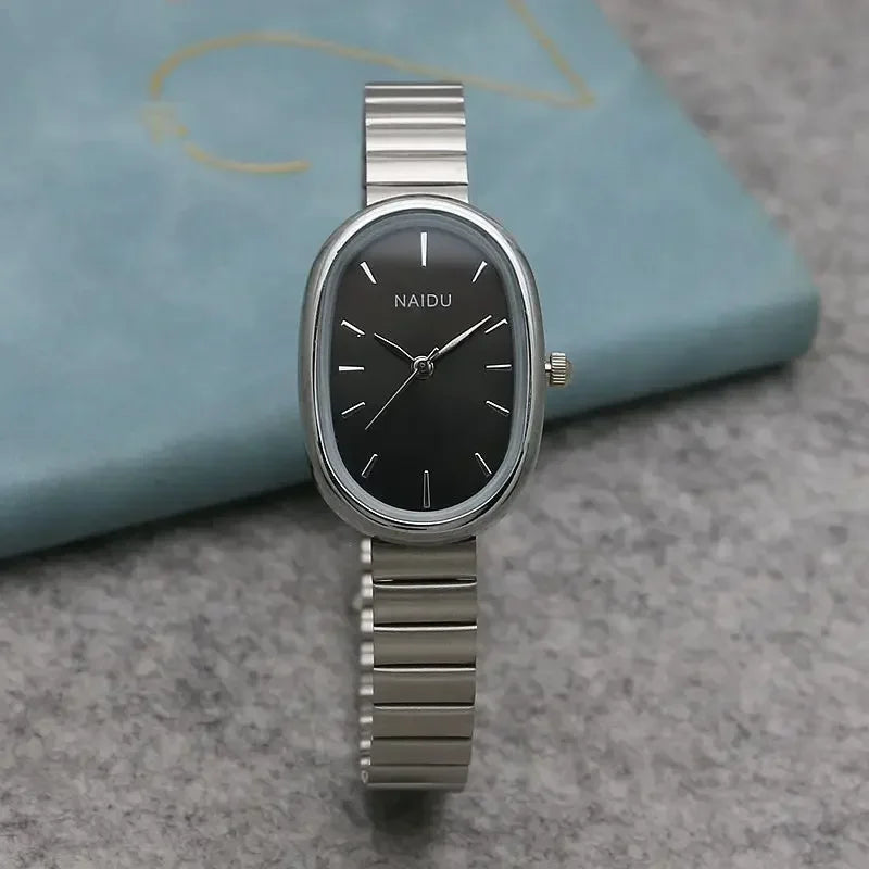 Reloj de cuarzo ovalado con esfera pequeña para mujer, correa de bambú de acero inoxidable, reloj de pulsera de regalo de lujo a la moda para estudiantes y niñas, envío directo