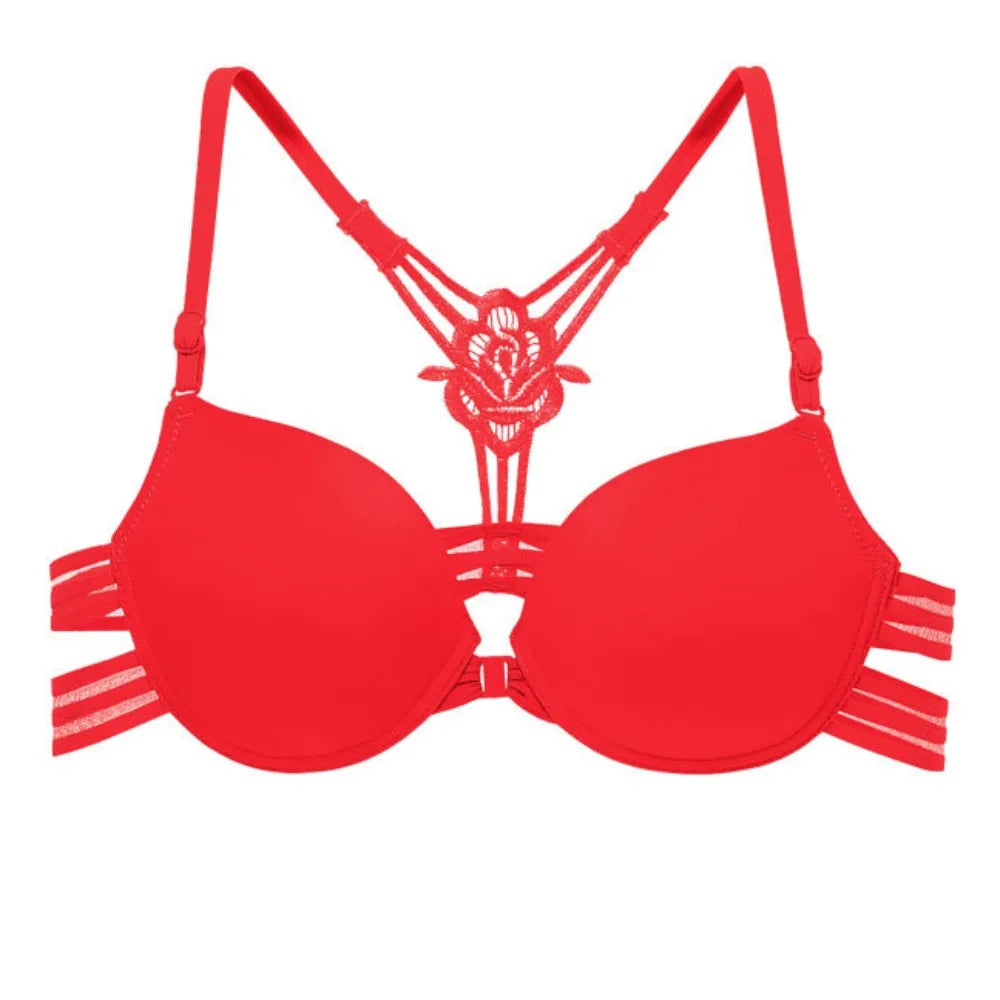 Sujetador de encaje con botón frontal a la moda para mujer, 3/4 tazas, parte de atrás bonita, sujetador sin costuras, ropa interior íntima, sujetador inalámbrico con escote en V profundo para playa