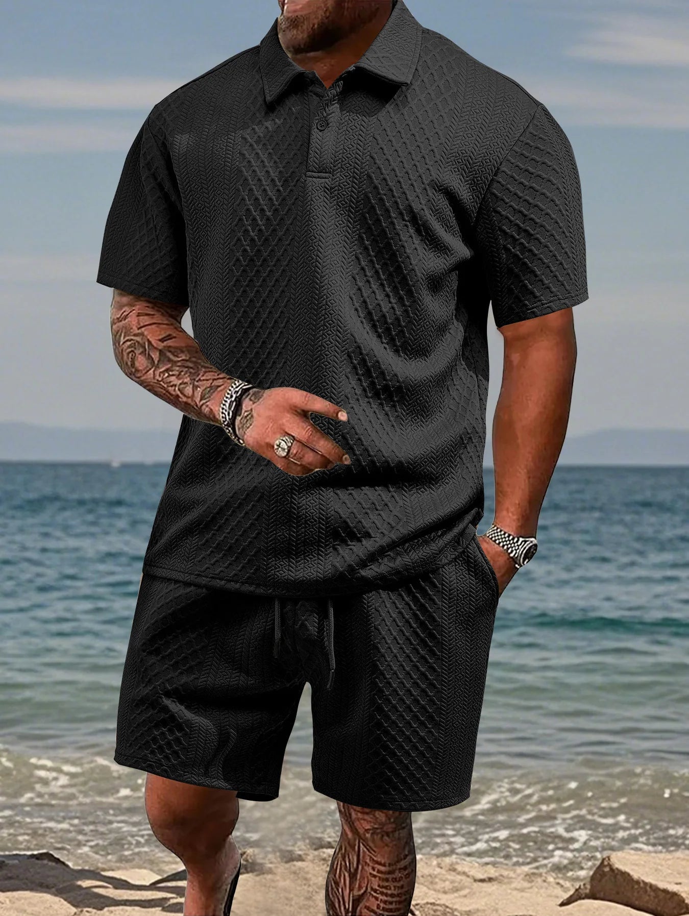 NOVEDAD DE VERANO 20225, Polo deportivo informal para hombre con solapa, camisa y pantalones cortos de manga corta para hombre, traje con textura Jacquard