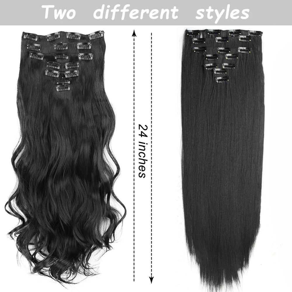 7 unids/set 16 Clips extensión de cabello negro largo liso pelo Natural Ombre peluca fibra resistente al calor para peinado de mujer