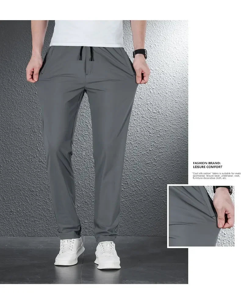 Pantalones informales finos de tela de seda de hielo suave para hombre, pantalón recto de estilo coreano, de alta elasticidad, marca de lujo, verano 2024