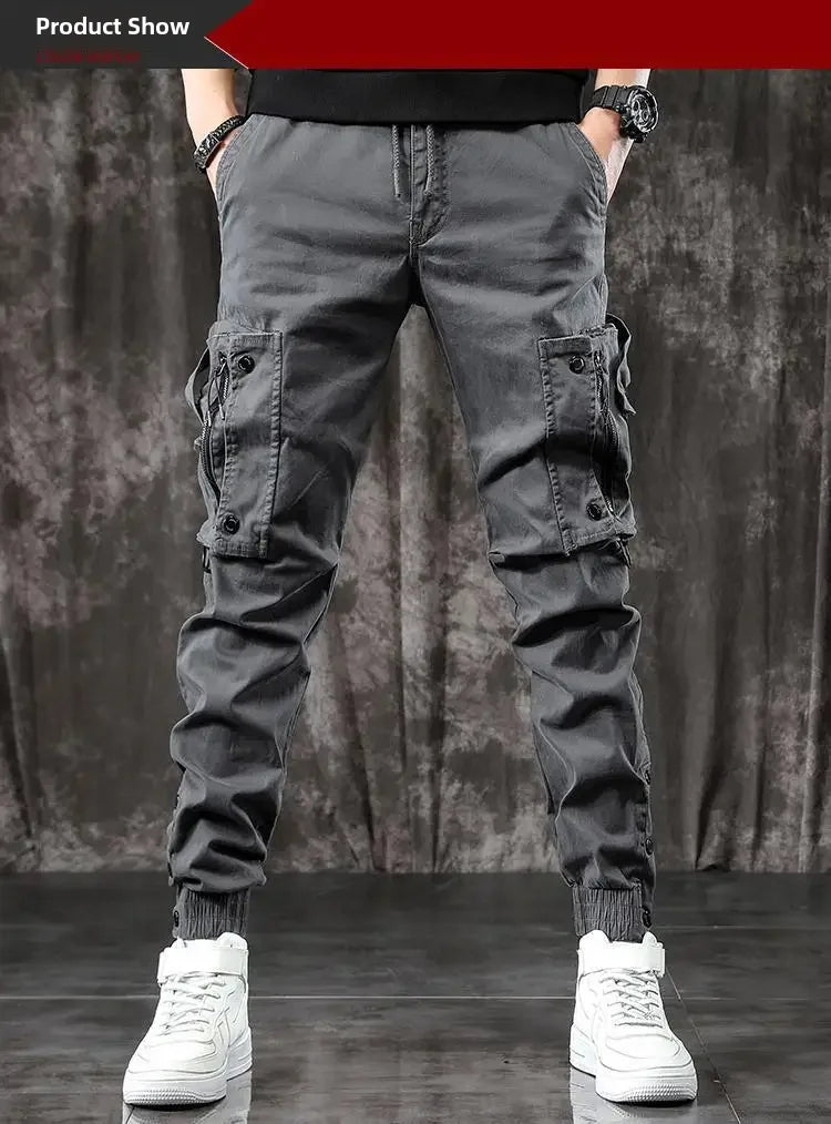Pantalones Cargo de moda para hombre, pantalones ajustados de estilo informal, holgados, estilo americano, pantalones de pie pequeños con múltiples bolsillos, color negro, primavera y otoño
