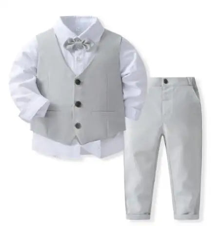 Trajes de caballero disfraz de cumpleaños para niños primavera otoño conjunto de ropa de Boutique chaleco sólido traje niños ropa Formal de algodón