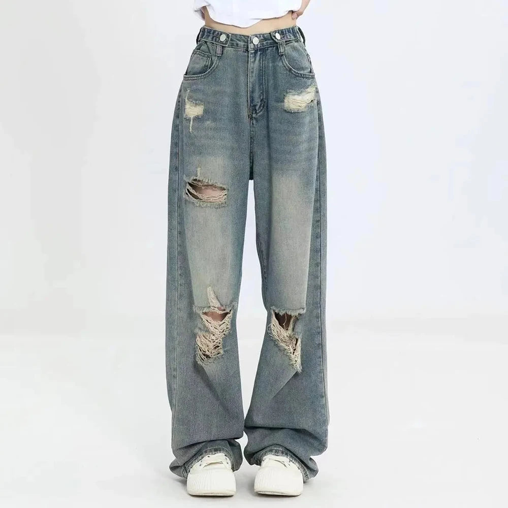 Vaqueros Retro americanos perforados con agujeros para mujer, pantalones de cintura alta con entrepierna recta, diseño holgado y delgado, pantalones de arrastre de pierna ancha con vibración de calle alta