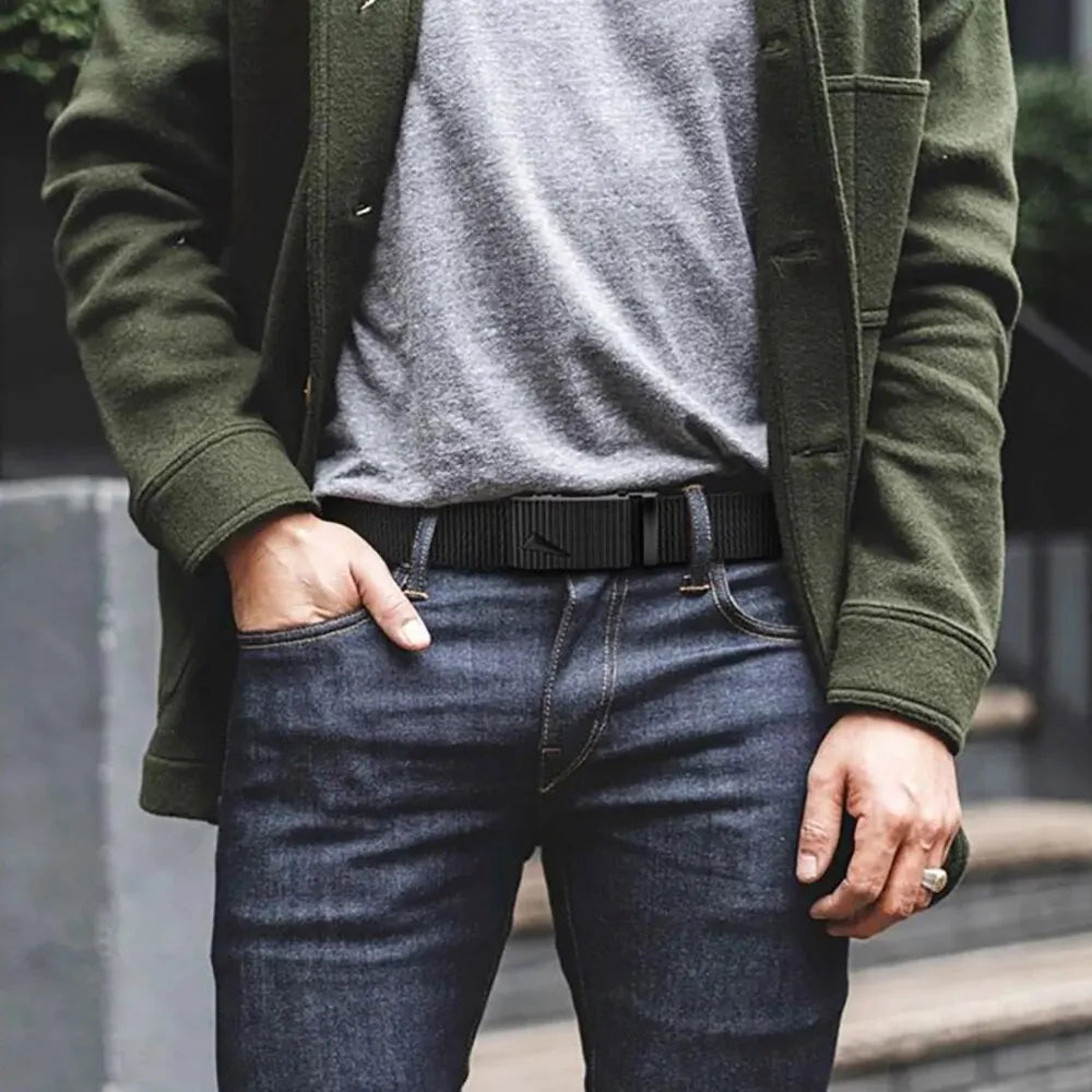 Cinturón para hombre con hebilla de Metal automática, correas de nailon de imitación, cinturón de trabajo al aire libre, hebilla automática sin dientes, cinturón de lona deportivo informal
