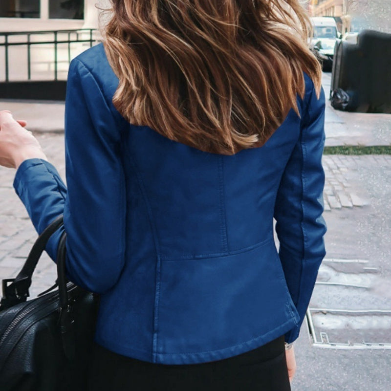 Chaqueta ajustada de piel sintética para mujer, chaqueta clásica de motociclista de PU, abrigo básico con cremallera para primavera y otoño