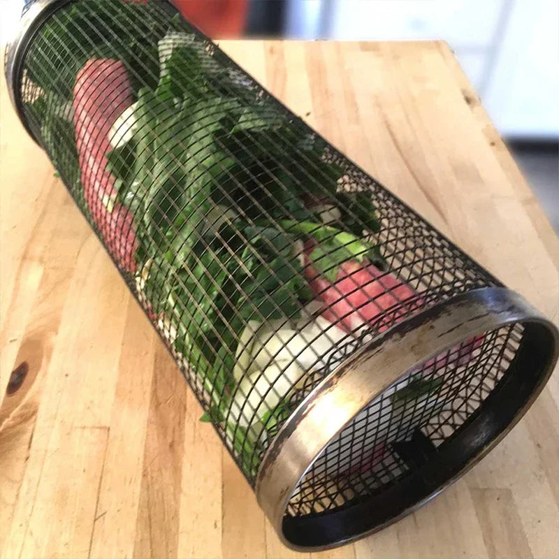 Cesta para parrilla de barbacoa, cesta rodante para asar, jaulas para barbacoa, parrilla cilÃndrica, cestas para asar para acampar al aire libre