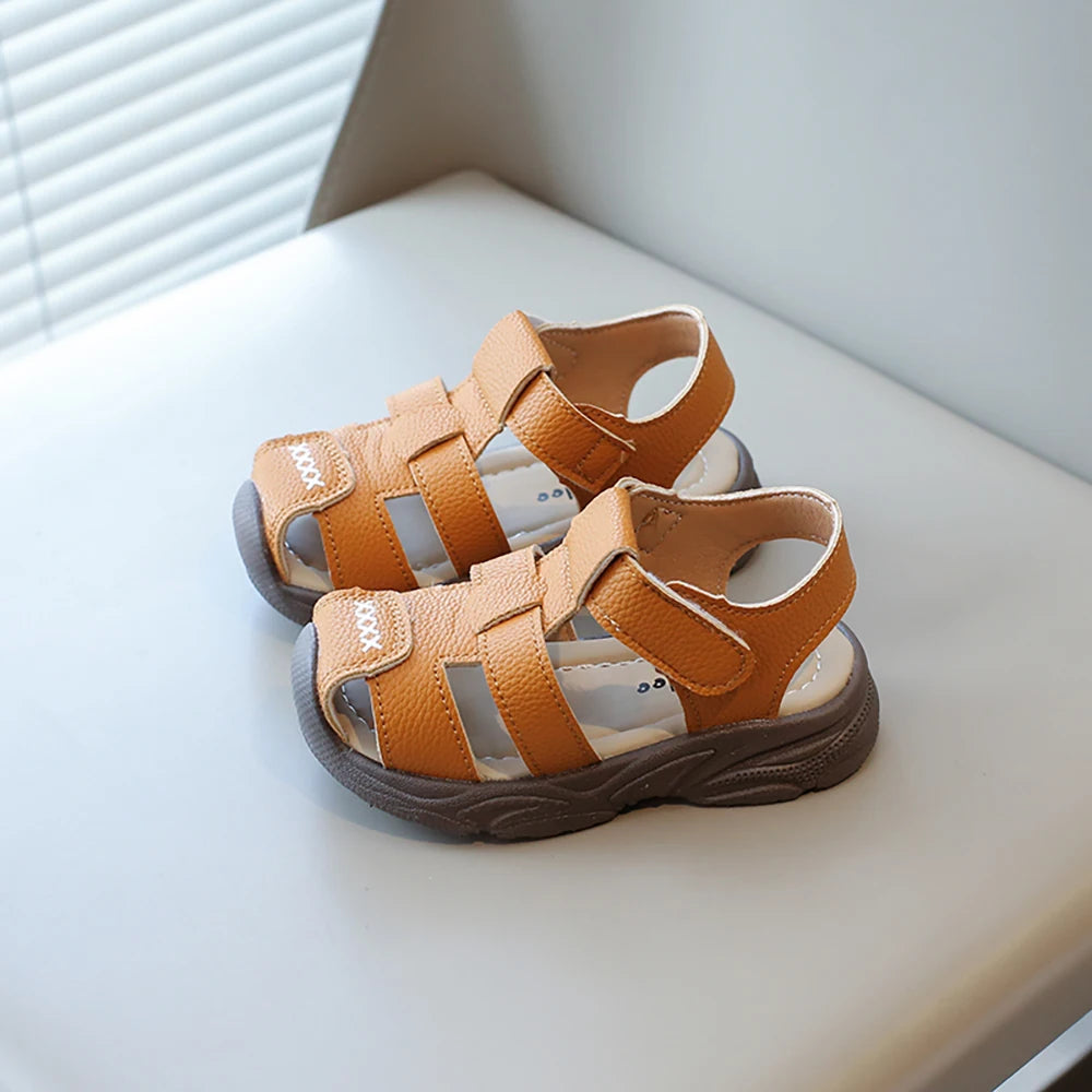 Sandalias deportivas de verano para niños, sandalias Vintage de cuero PU para niño, sandalias antideslizantes de suela blanda para chico, zapatos de verano a la moda