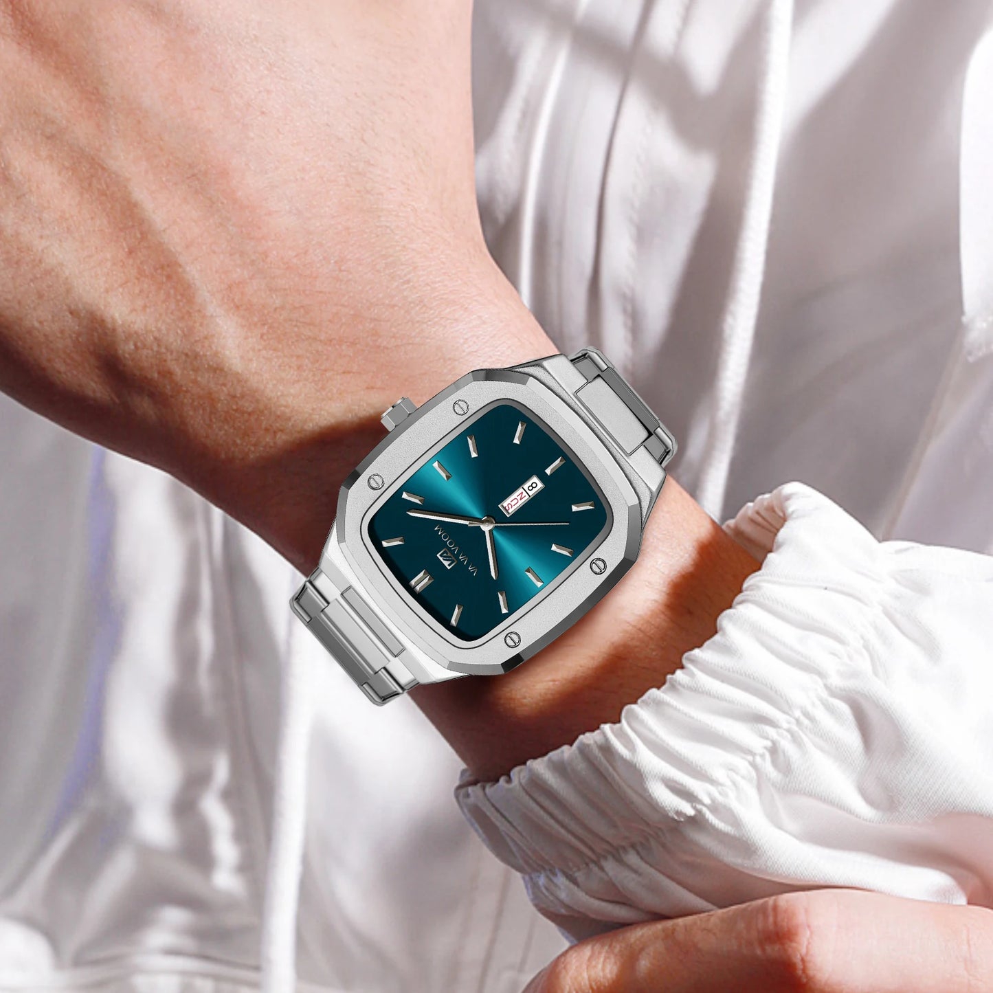2024 nuevo reloj para hombre, correa cuadrada de acero inoxidable a la moda, oro azul, 3Bar, calendario semanal de cuarzo, reloj de pulsera deportivo de negocios simulado