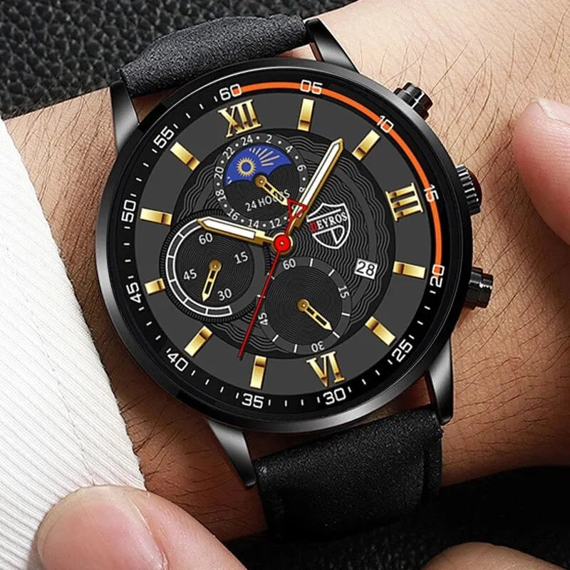 Conjunto de 2 piezas de relojes deportivos de moda para hombre, pulsera de cuero de negocios, reloj de cuarzo informal para hombre, reloj luminoso de lujo para hombre