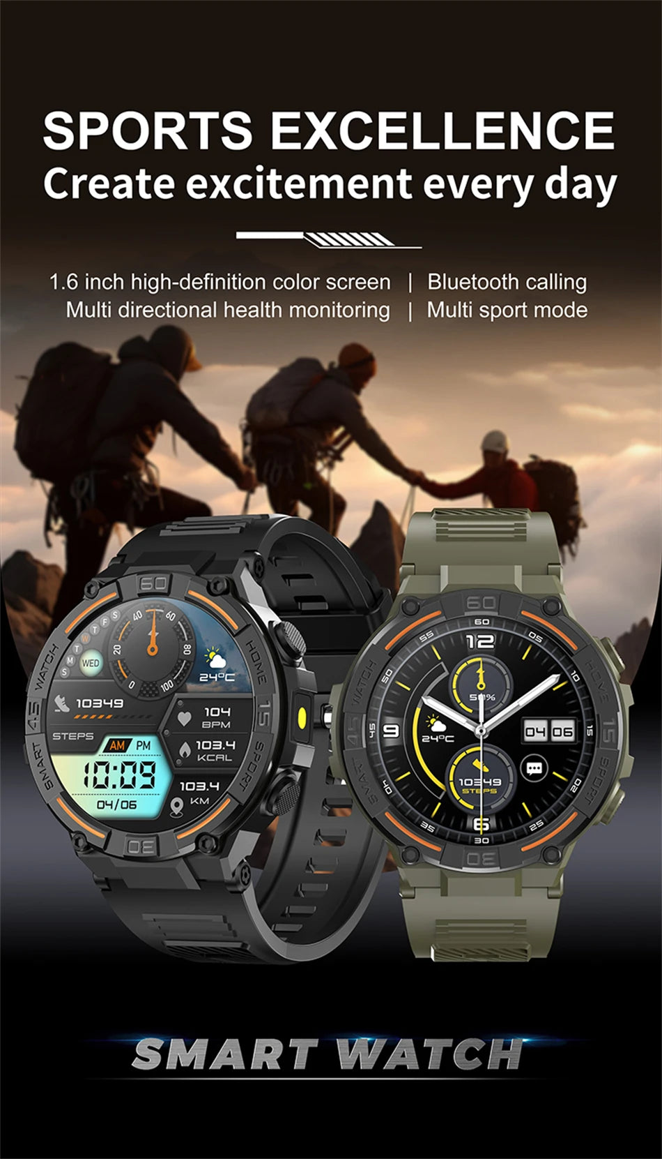 Reloj inteligente militar para hombre, dispositivo con pantalla HD de 360x360, linterna, control de la salud, resistente al agua, control del ritmo cardÃaco, llamadas BT, para Android e IOS