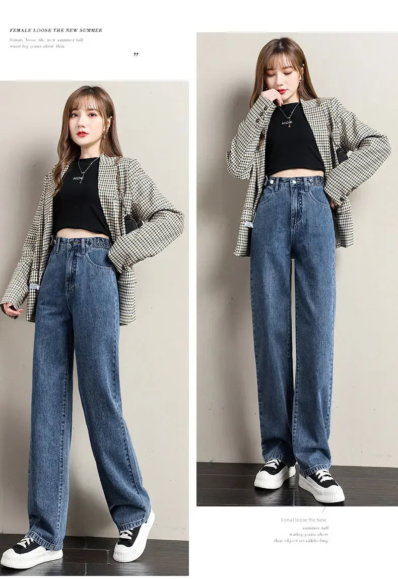 Pantalones vaqueros sueltos para mujer, diseño de cintura alta, entrepierna recta ajustable, pantalones de estilo Retro, tela de algodón, estilo informal cómodo