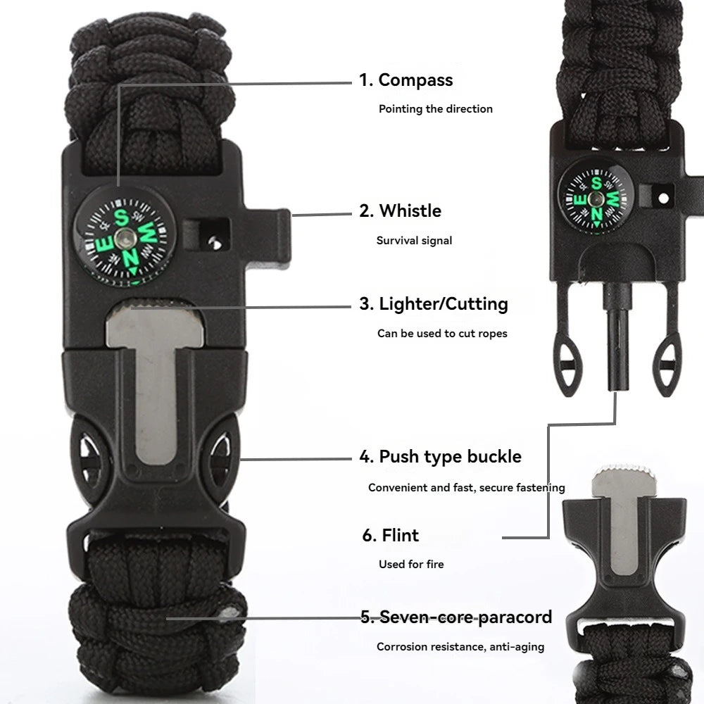 Pulsera de rescate de emergencia, cuerda tejida cinco en uno para muñeca, brújula, cuerda de mano de supervivencia, senderismo al aire libre, camping, viajes, ciclismo