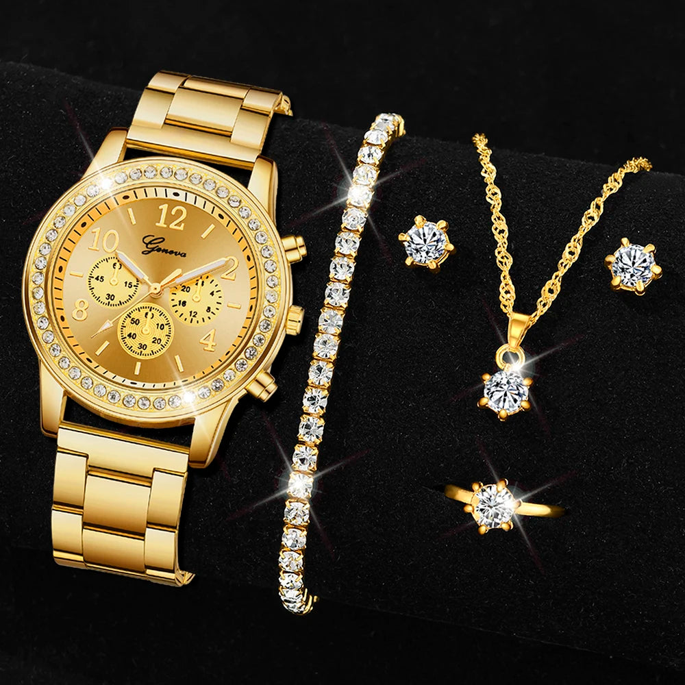 Juego de 5 piezas de reloj de oro para mujer, anillo de lujo, collar, pendientes, diamantes de imitación, reloj de pulsera de moda, relojes casuales para mujer, conjunto de pulsera