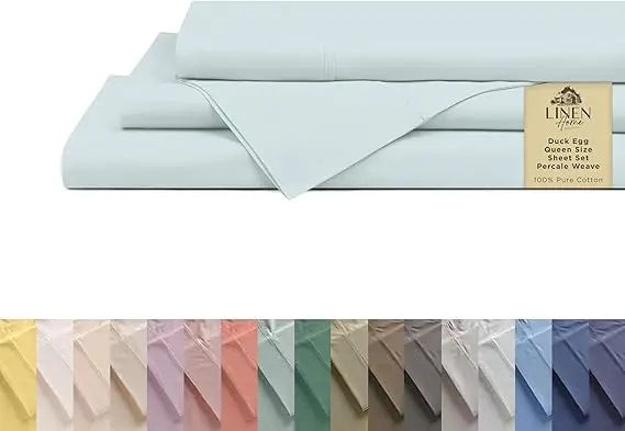 Sábanas de percal 100% algodón tamaño Queen, crema, bolsillo profundo, juego de 4 piezas: 1 sábana bajera plana, 1 bolsillo profundo y 2 fundas de almohada,