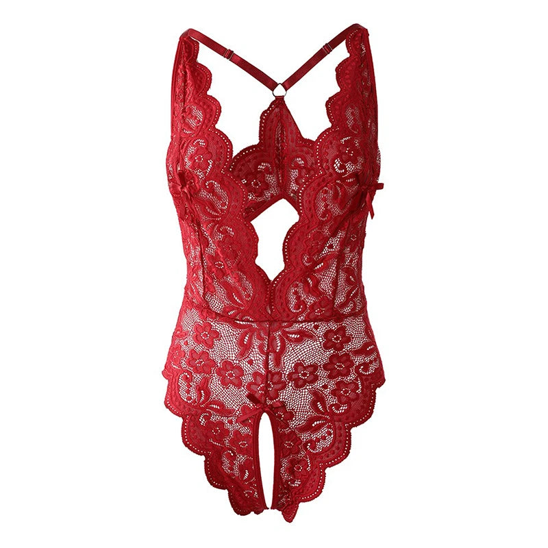 Ropa interior sin entrepierna Porno para mujer, recorte de encaje transparente, disfraces eróticos de peluche, lencerÃa Sexy, sujetador abierto en V profundo, vestido de muñeca para bebé