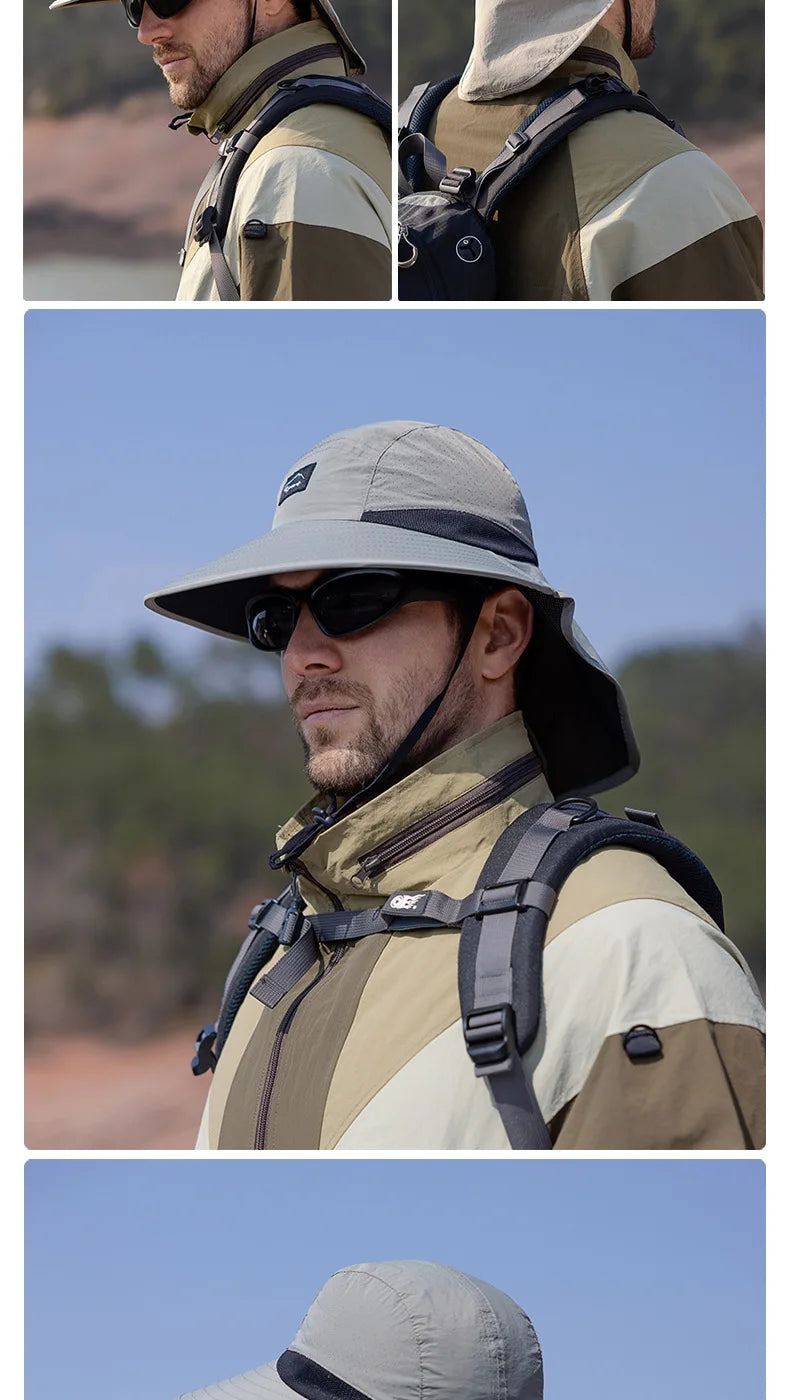 Sombreros de pescador resistentes al agua para hombre, sombrero de cubo de ala ancha transpirable con chal, protección solar UV, senderismo al aire libre, pesca, Verano