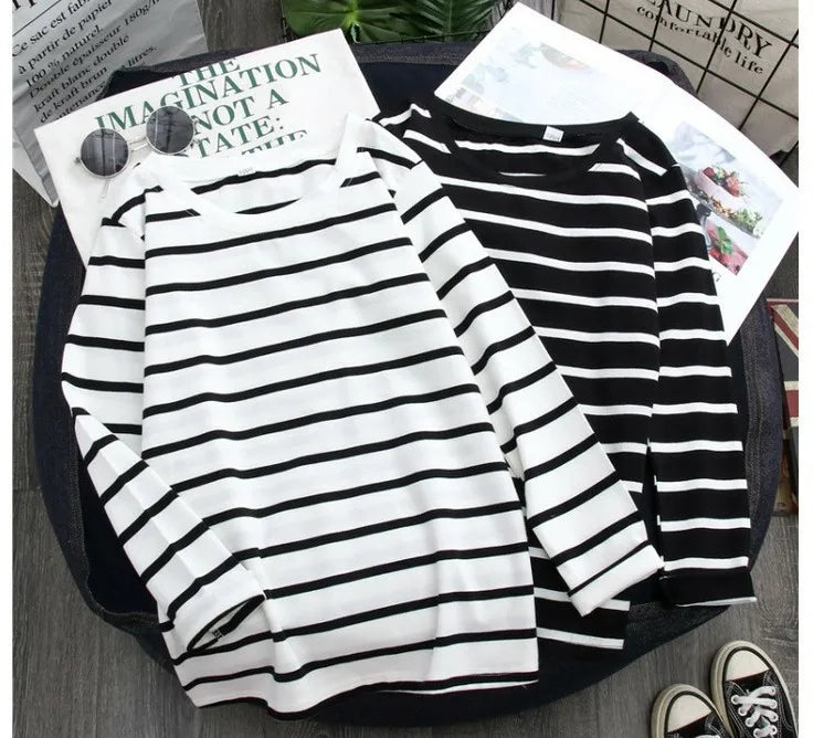 1 pieza primavera y otoño invierno Top a rayas negras con estilo extranjero Ins camisa inferior mujer Camiseta de manga larga
