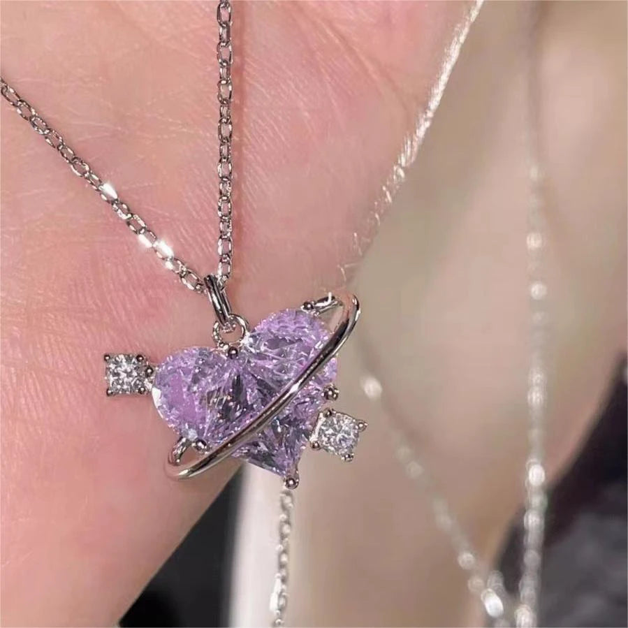 Collares con colgante de circonio y corazón de planeta rosa Y2K para mujer, collar de cadena de clavÃcula estética a la moda, regalo del DÃa de San ValentÃn, joyerÃa para fiesta