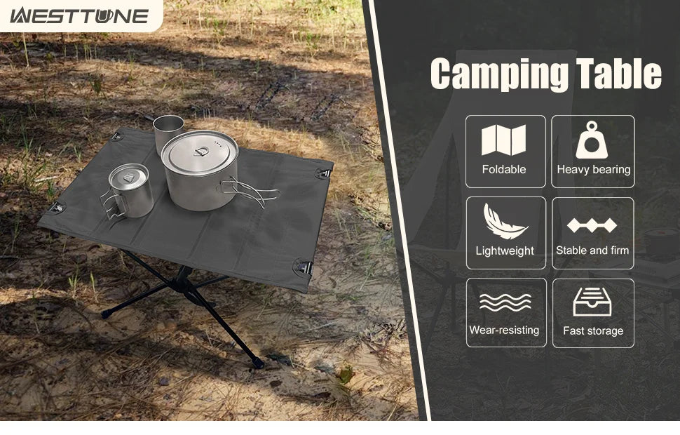 WESTTUNE-mesa plegable para acampar, mesa enrollable portátil de aleación de aluminio, ligera, 1680D, Oxford, para Picnic al aire libre