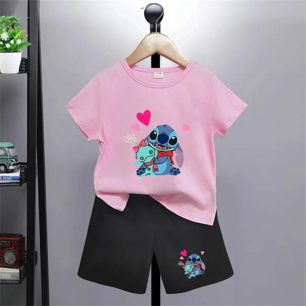 Camiseta de punto de Disney con dibujos animados de verano para niñas, camisetas rojas y rosas para niños, ropa superior, camisetas de moda para niños, conjunto de pantalones cortos para niños de 3 a 12 años