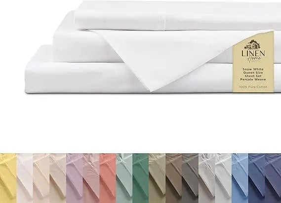 Sábanas de percal 100% algodón tamaño Queen, crema, bolsillo profundo, juego de 4 piezas: 1 sábana bajera plana, 1 bolsillo profundo y 2 fundas de almohada,