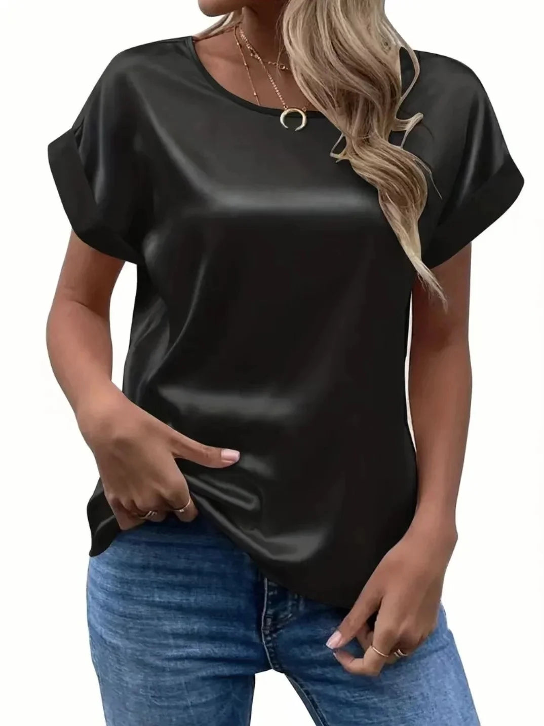 Blusas de satén de estilo veraniego para mujer, camisas informales con manga de ala de murciélago y cuello redondo, Blusas holgadas de Color sólido