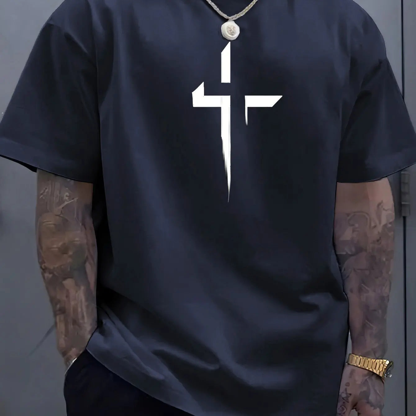 Camiseta de manga corta con cuello redondo para hombre, 100% de algodón puro, informal, holgada, de talla grande, con estampado creativo cruzado, deportiva, cómoda, de verano