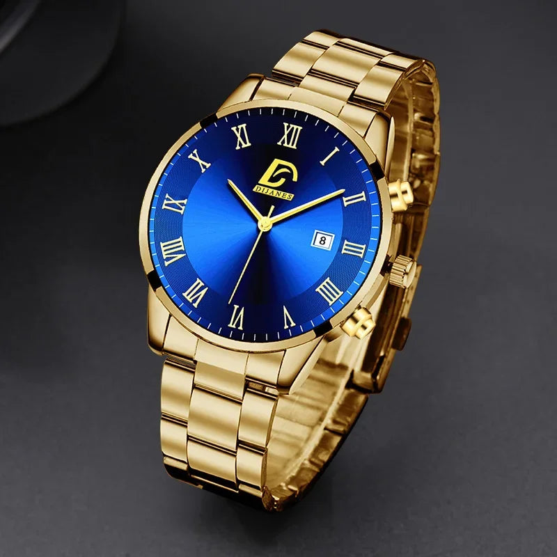 Relojes de acero inoxidable dorados a la moda para Hombre, Reloj de pulsera de cuarzo minimalista de lujo, Reloj con calendario informal de negocios para Hombre
