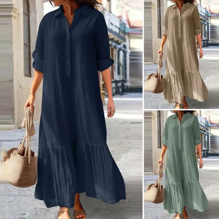 Vestido informal de manga larga para mujer, vestido de oficina para mujer, moda Primavera Verano, vestido camisero liso elegante, vestidos para mujer 2024