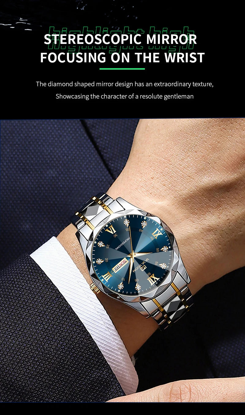 Reloj para hombre con diamantes de agua, lujo, brillo nocturno, doble calendario, movimiento de cuarzo, 41mm, oro azul, acero inoxidable, reloj de negocios de moda