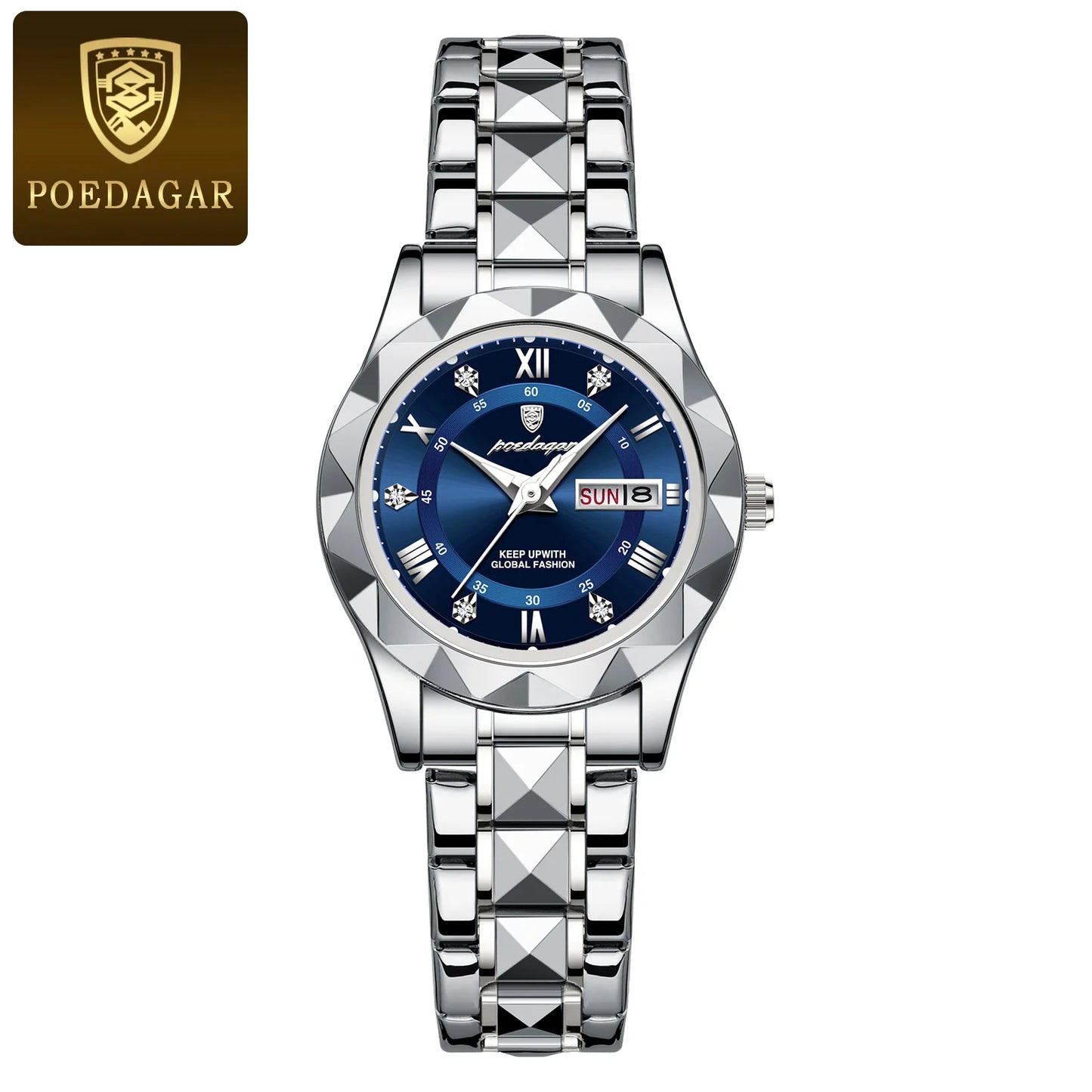 POEDAGAR, reloj de lujo para mujer, luminoso, resistente al agua, con fecha semanal, reloj de pulsera para mujer, relojes de cuarzo de acero inoxidable para mujer, reloj + caja