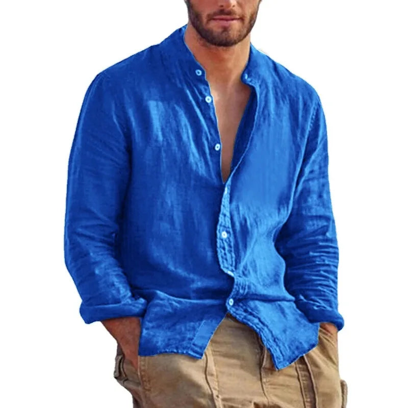 Ropa de chándal para hombre, camisa de manga larga, camisas de lino de Color sólido, Tops informales ligeros y transpirables con cuello levantado, camisa hawaiana