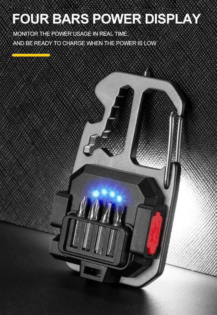 Luz de trabajo con llavero COB con pantalla de batería, luz LED portátil recargable de 8 modos de alto lúmenes para acampar, senderismo y correr