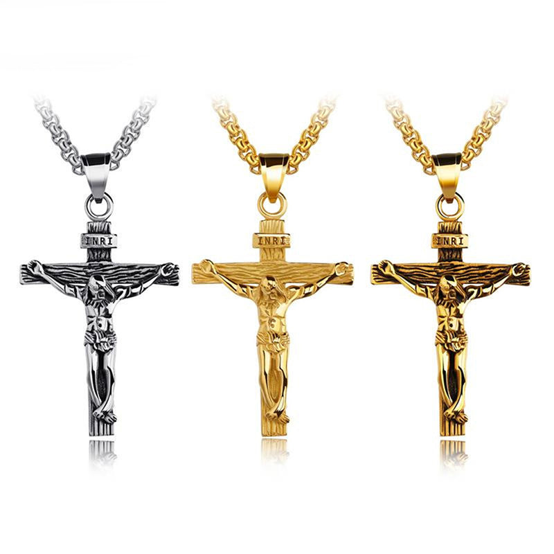 Collar religioso de acero inoxidable con cruz de Jesús para hombres, colgante de cruz de Color dorado y plateado con cadena, regalo de joyerÃa