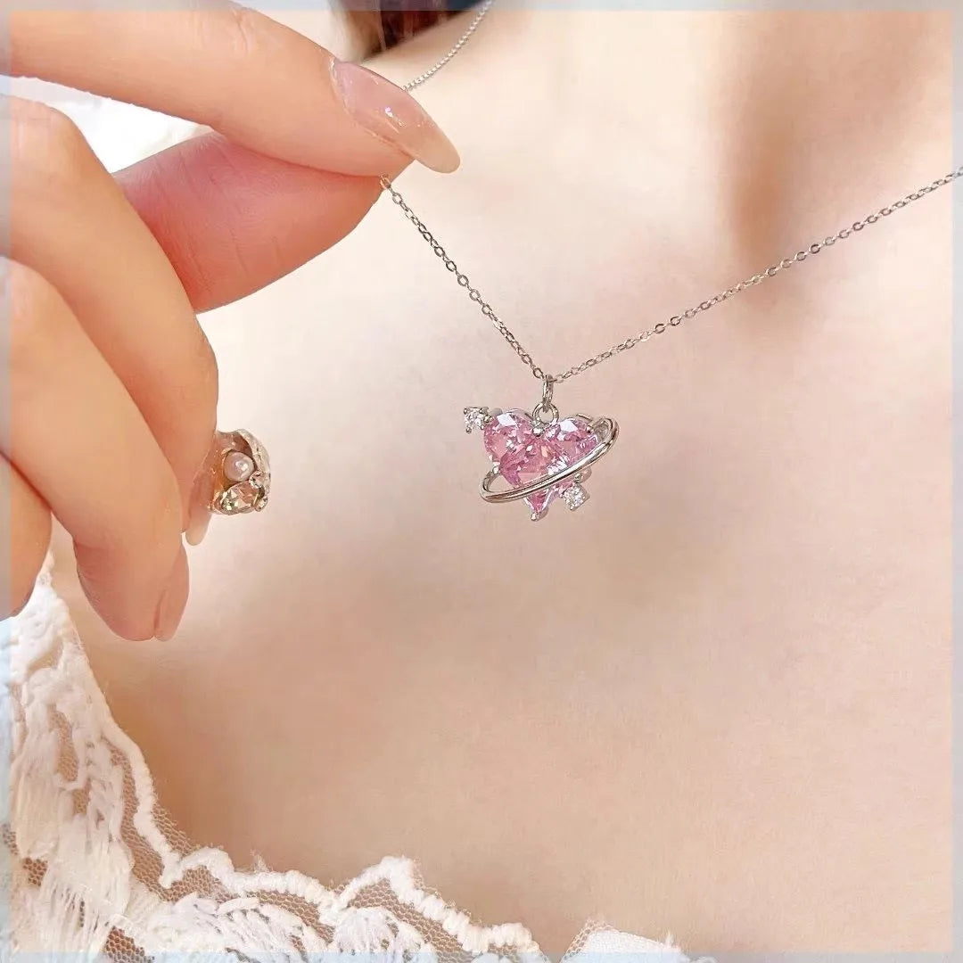 Collares con colgante de circonio y corazón de planeta rosa Y2K para mujer, collar de cadena de clavÃcula estética a la moda, regalo del DÃa de San ValentÃn, joyerÃa para fiesta