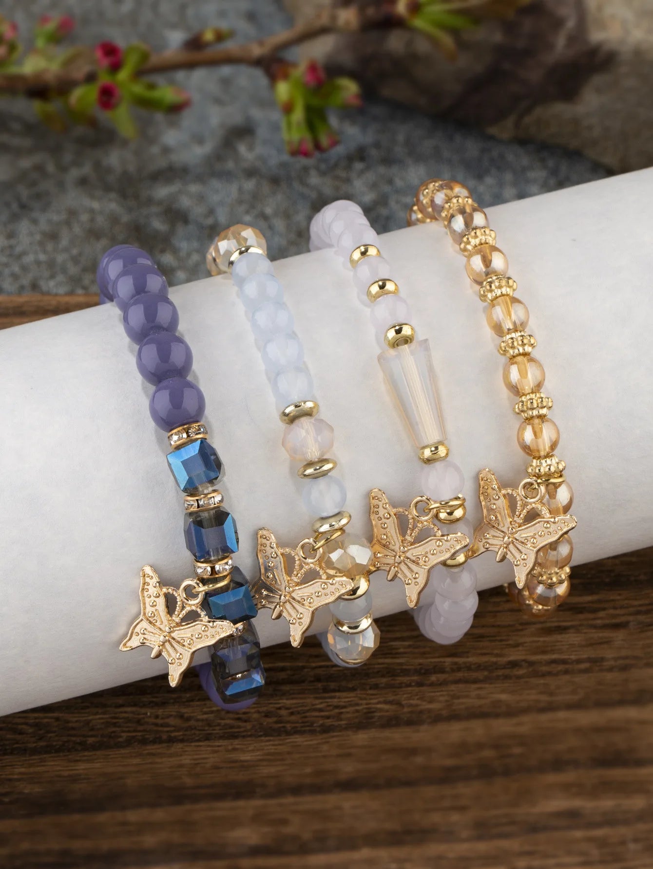 Conjunto de pulsera con cuentas de mariposa para mujer, brazalete de cadena elástica con cuentas acrÃlicas rosas, regalo de joyas de fiesta bohemia, 4 Uds.