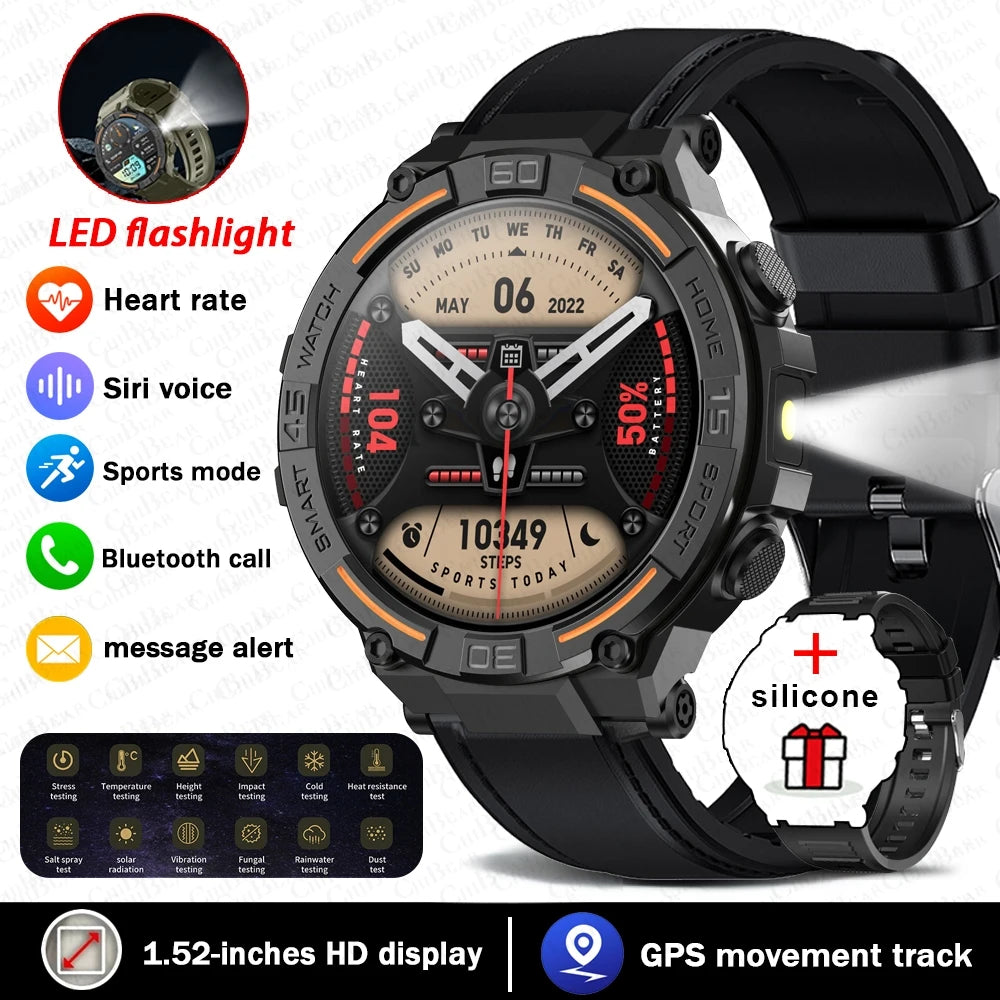 Reloj inteligente militar para hombre, dispositivo con pantalla HD de 360x360, linterna, control de la salud, resistente al agua, control del ritmo cardÃaco, llamadas BT, para Android e IOS