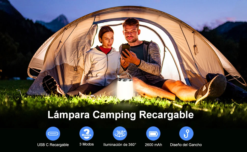 Linterna de luz de camping recargable, linterna de camping, luz blanca cálida de 3000K, linterna Led impermeable, suministros para acampar/senderismo
