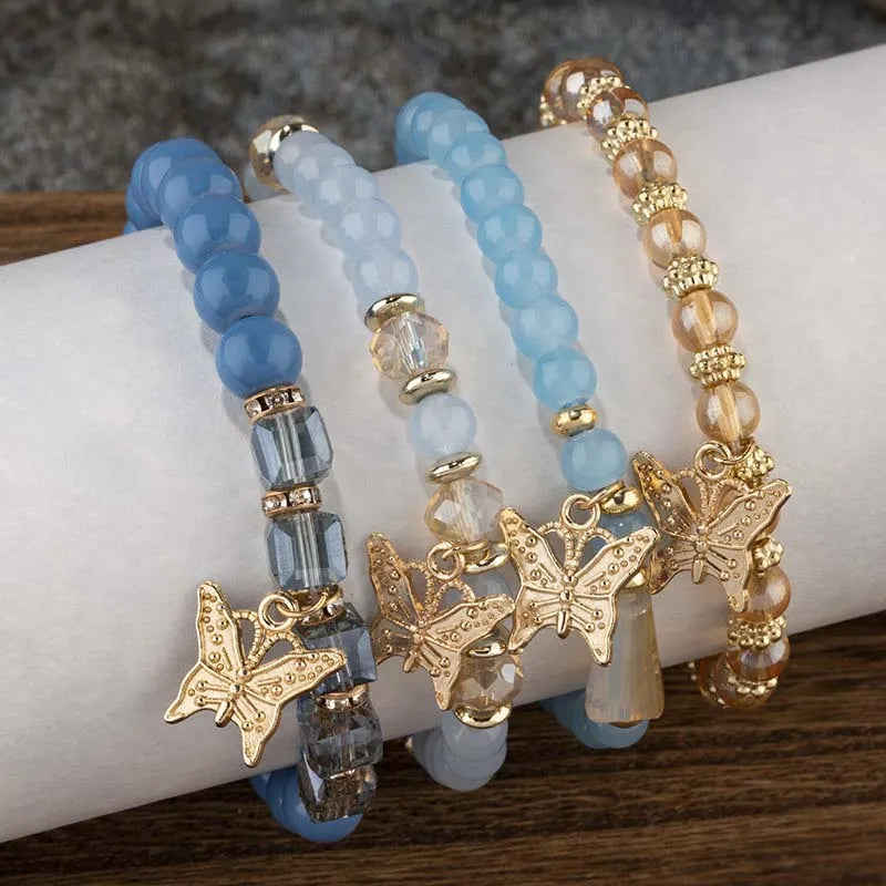 Conjunto de pulsera con cuentas de mariposa para mujer, brazalete de cadena elástica con cuentas acrÃlicas rosas, regalo de joyas de fiesta bohemia, 4 Uds.