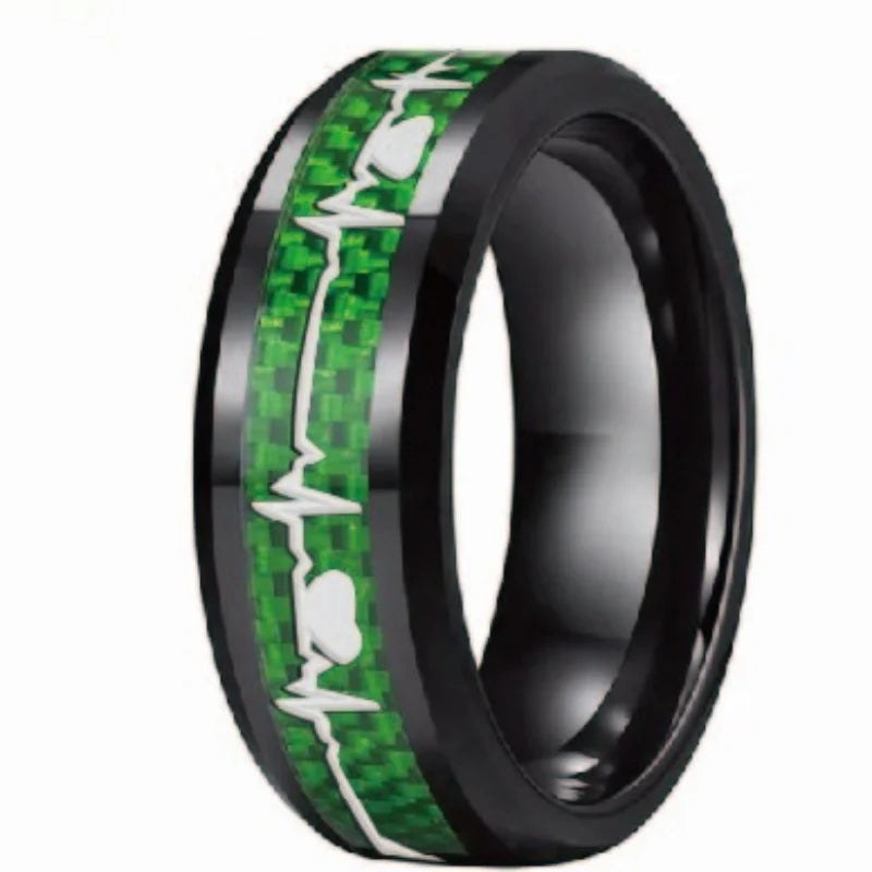 Anillos de compromiso de carburo de tungsteno con incrustaciones de corazón de fibra de carbono negra de 8mm a la moda, alianzas de boda con cúpula, pulido, brillante, ajuste cómodo