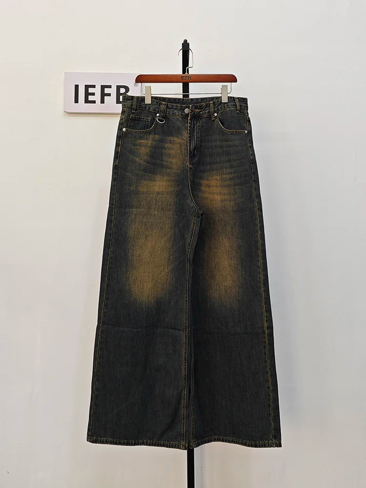 IEFB, pantalones vaqueros de verano para hombre, pantalones vaqueros lavados de color azul viejo para hombre, ropa informal recta para hombre, pantalones sueltos de pierna ancha, nueva moda 9C354